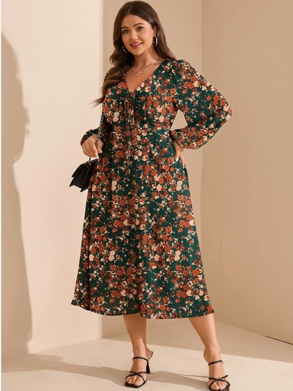 RWJ - XL Floral V-Neck Long Sleeve Midi Dress - Green Floral - Picture 9 of 11